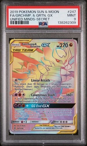 PSA 9 GARCHOMP & GIRATINA GX 247 UNIFIED MINDS SECRET RAINBOW SUN & MOON POKEMON