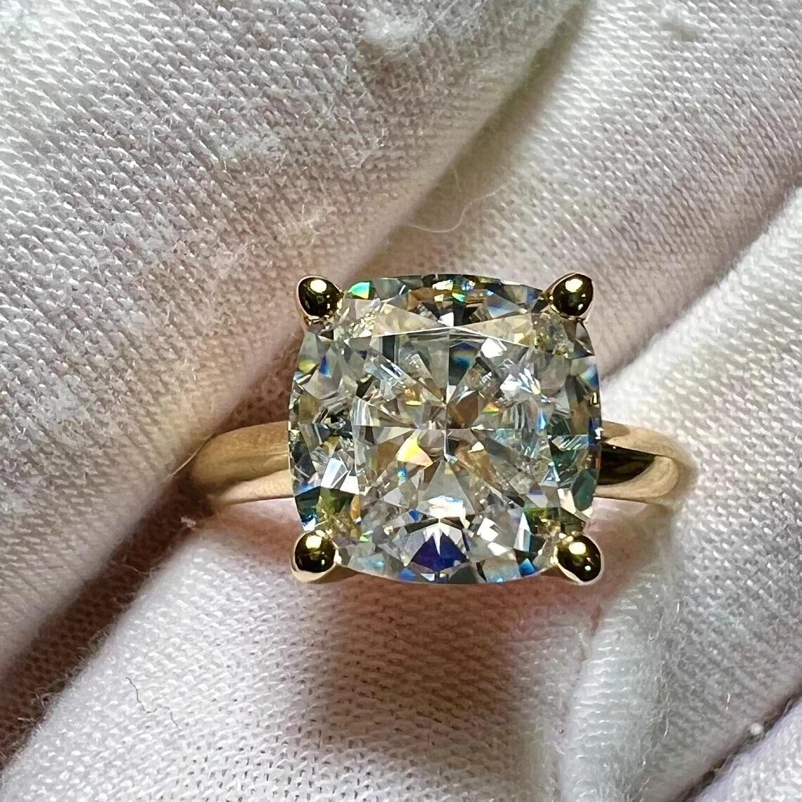 3Ct Cushion-Cut VVS1 Moissanite Solitaire Engagement Ring 14k Yellow Gold Plated