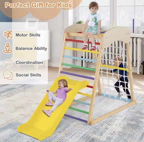 4-in-1 Jungle Gym Wooden Indoor Toddler Playground w/Slide-Colorful - Picture 5 of 6