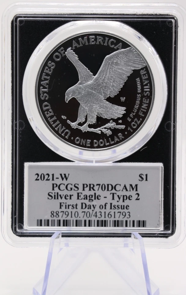 PCGS American Silver Eagle PRIMER DÍA EMISIÓN FIRMADA EMILY DAMSTRA PR70DCAM 2021 W Foto 2 de 4