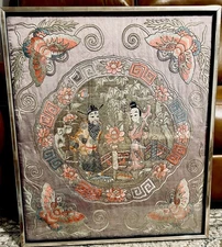 Framed Antique Chinese silk & gold embroidery Fu Lu Deities 30”x25”