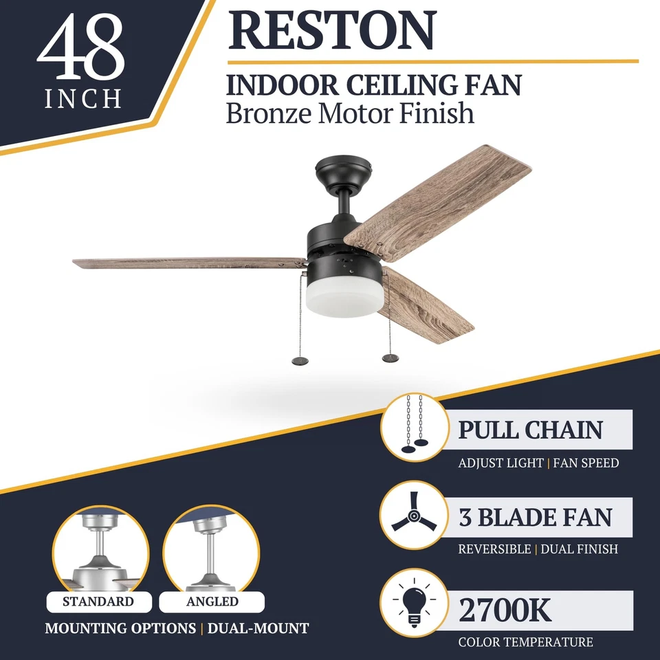 Reston 48 Inch Modern Farmhouse LED Ceiling Fan with Light Pull Chain Dual Mo... - Image 3 of 4