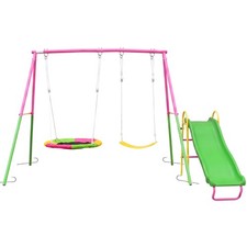 3 in 1 Outdoor Swing Set with Slide Saucer Swing for Backyard
