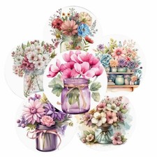 Floral Jar Wooden Coasters Set of 6 Rustic Flower Drinks Mats Gift