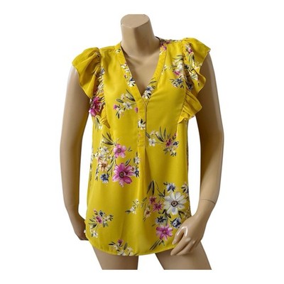 DR2 Daniel Rainn Blouse Womens M Yellow Floral Ruffle Sleeve V Neck Peasant Top