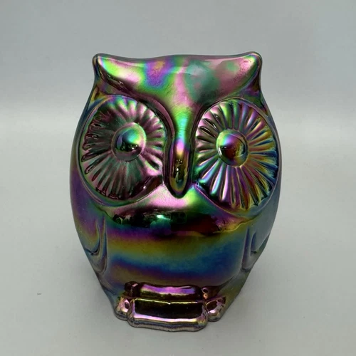 FENTON USA Glass 3" Hooty Owl Figurine Paperweight Carnival Iridescent