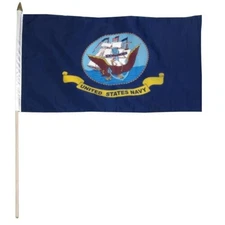 US NAVY SHIP Flag 12x18in Stick USA Army White Logo Flag 100D 24INCH STAFF