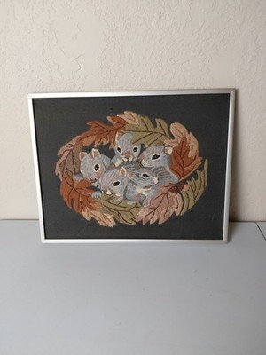 Vintage Framed Needlepoint Squirrel Family Nesting Fall Leaves  11'' x 14''
