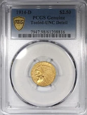 1914-D $2.5 Gold Indian Quarter Eagle PCGS UNC Details Tooled Coin