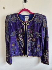 Leslie Fay Evenings Beaded Sequin Embroidered Short Jacket Purple Gold Blue M