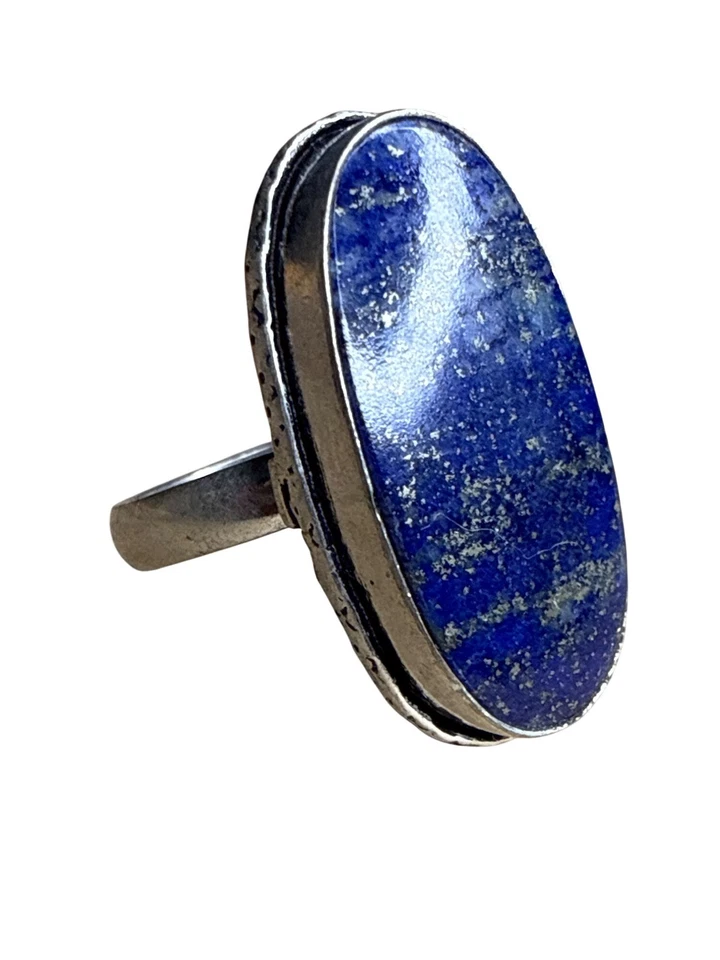 Овальное кольцо из стерлингового серебра с лазуритом размер 9 ювелирные изделия бохо ручной работы - Изображение 2 из 4