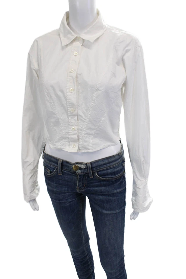 Marco Mujer Recortado Cuello Abotonado Manga Larga Blanco Algodón Orgánico Talla M Foto 2 de 4