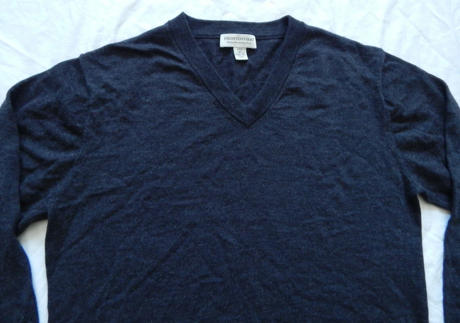 Merino Wool Dark Gray V-Neck Pullover Sweater - 2XL Mens Pronto Uomo Extra Fine