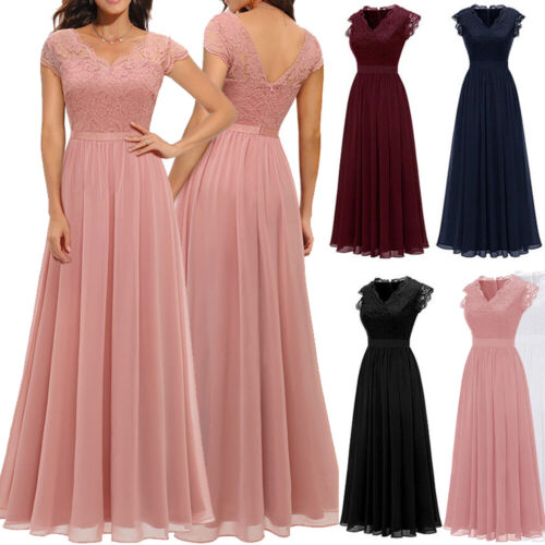 Women Maxi V-Neck Formal Dress Bridesmaid Lace Chiffon Long Wedding Party Gown ☆ - Picture 1 of 16