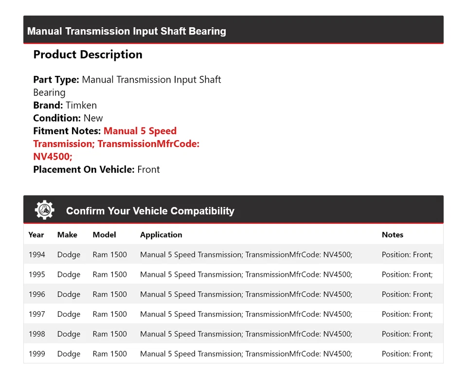 Cojinete de eje de entrada de transmisión manual Timken 1995 para Dodge Ram 1500 1994-1999 Foto 2 de 4
