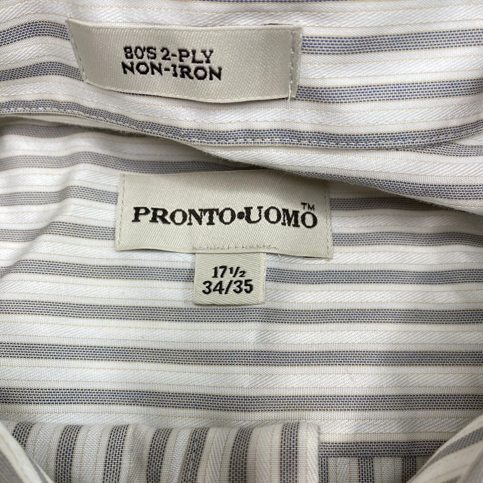 Pronto Uomo Mens Dress Shirt sz 17.5 White Gray Striped French Cuff Point Collar - Image 3 of 4