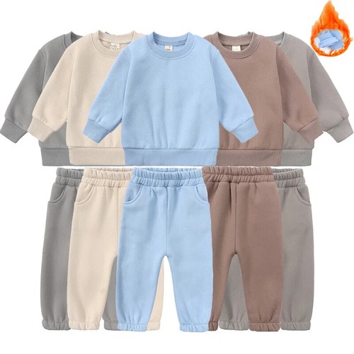 Girls Clothing 2 Pieces Set Warm Fleece Plain Top Sweatshirt Pants Suit for Kids