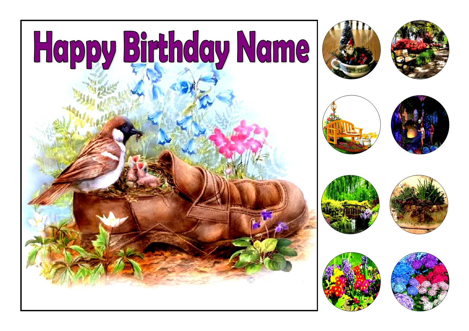 GARDEN SCENE BIRTHDAY CAKE TOPPER SQUARE EDIBLE ICING 7.5""+8 CUPCAKE TOPPERS
