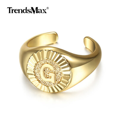 Men Women 14K Yellow Gold Plated Initia Letter A-Z Open Ring Adjustable Size 