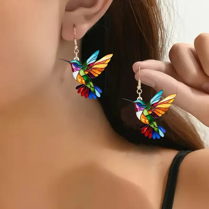 Pendientes Colibrí Acrílico Colorido Diseño 2D Sin Plumas Acero Inoxidable