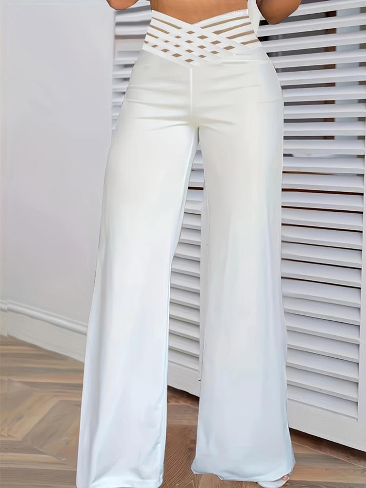 Women High Waist Flared Pants Office Casual Sheer Mesh Patch Crisscross Y2k