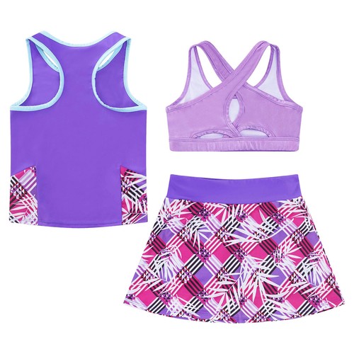 Kids Girls Sport Outfits Tennis Baseball Activewear Cropped Tank Top with Skirts - Picture 31 of 45