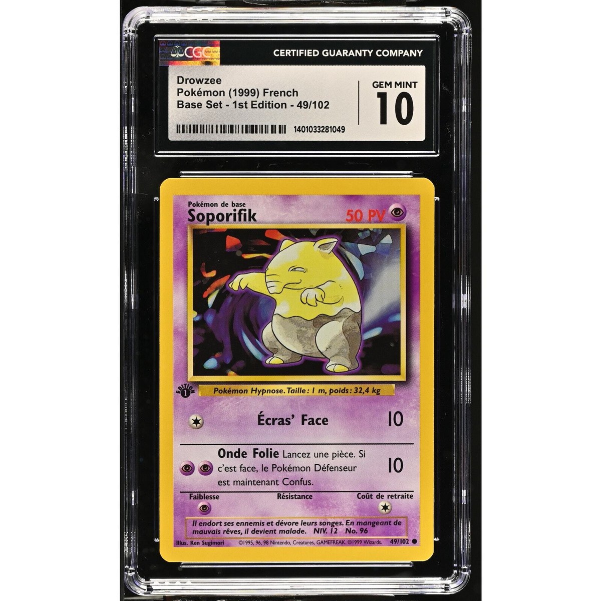 CGC 10 GEM MINT Drowzee 1st Edition 49/102 French Base Set Common