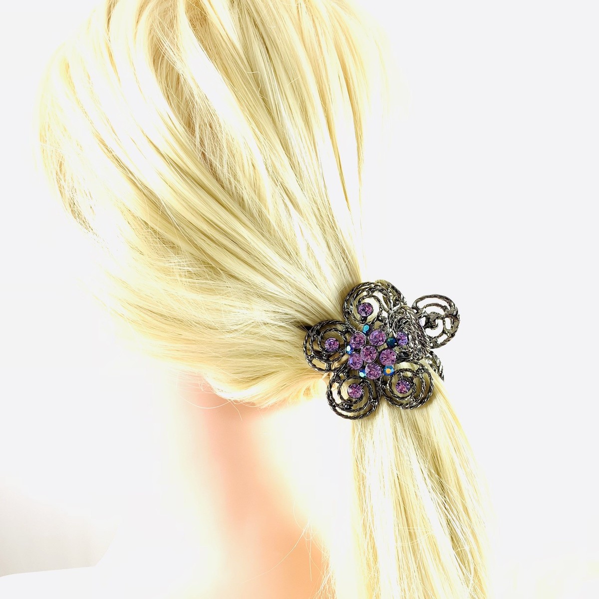 Barrette à Cheveux Vintage - Fleur Violette Avec Strass, Métal - Fabriqué En Corée (neuf)