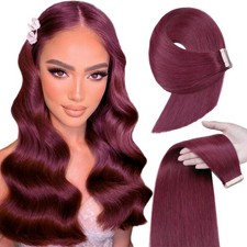 Burgundy Tape in Hair Extensions Human Hair 20pcs 16" Remy Straight Skin Weft Ta