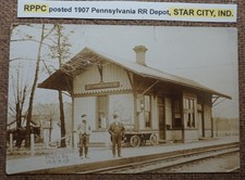 RPPC posted 1907 Pennsylvania RR Depot, STAR CITY, INDIANA. Postcard REAL PHOTO
