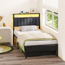 Furnulem HK-BF-009-CL Bed Frame with Charging Station LED Lights Upholstered