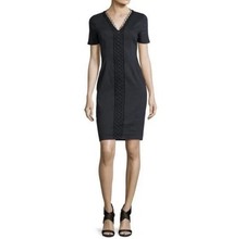 Elie Tahari || Loretta Short-Sleeve Linen-Blend Sheath Dress Navy 10