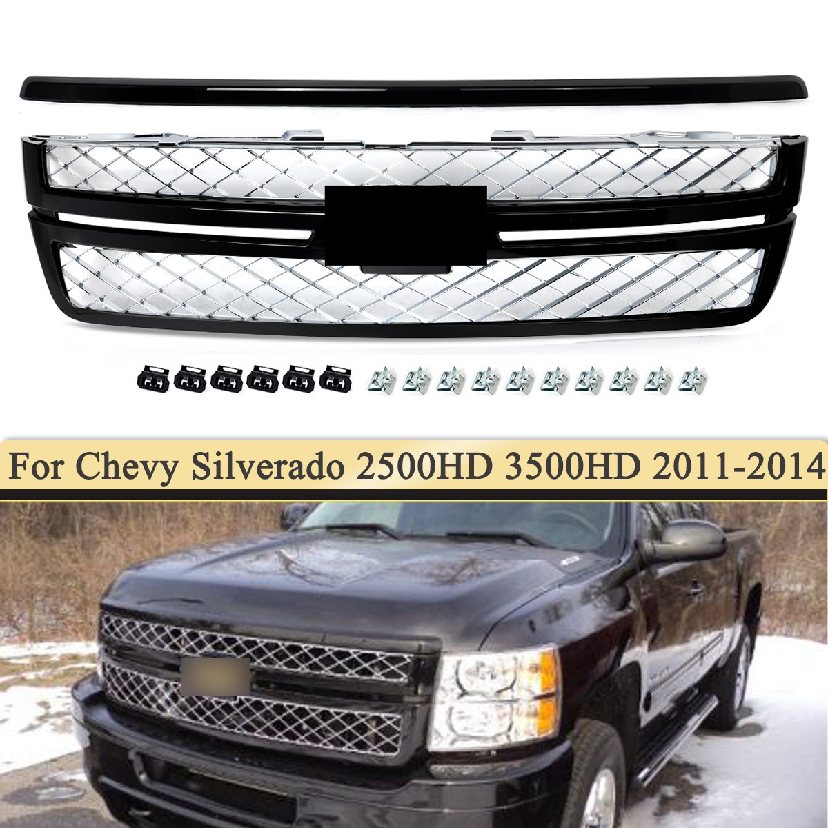 Front Upper Grille Hood Molding For Silverado 2500 3500 HD 2011-2014 Gloss Black