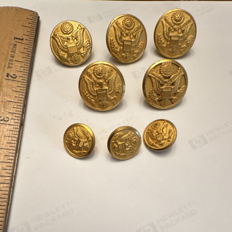 Lot of 8 Gold Tone Metal U.S. Great Seal Eagle Shank Buttons, Round Relief