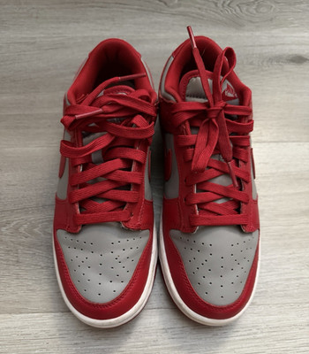 Nike Dunk Low Men s Leather Low Top Lace-Up Sneakers Red/Gray Colorblock