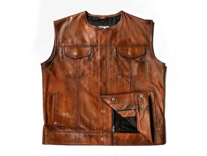 Men's Handmade Brown Lambskin Leather Biker Vest Vintage Coat