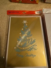 HALLMARK Package Of 10 CHRISTMAS Cards Gold Christmas Tree New