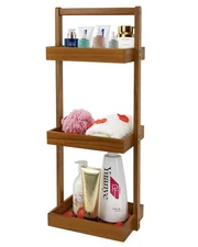 Utoplike Teak Shower Caddy Corner, 3 Tier Standing Shower Organizer Shelf wit...