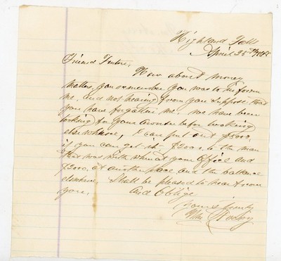 1868 Handwritten Letter Highland Falls NY Money Lending Ephemera Wm Avery Signed