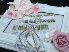 Wedding Garter Set Olive Green Satin White Lace Prom Bridal Rhinestones Toss