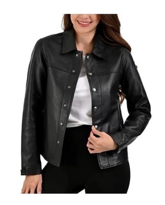 Frye Genuine Leather Jacket Womens  Black Snap Front Classic NWT Size L