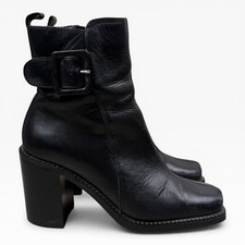Vtg 90s Y2K Black Leather Mid Calf Boots Buckle Detail Chunky Heel Sz 6