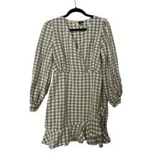 VERO MODA Green & White Gingham Checkered Long-Sleeve Faux Wrap Dress Size M 