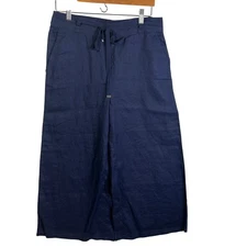 NWT H Halston Size L Wide Leg Pants Navy Blue 100% Linen Belted Beachy Boho