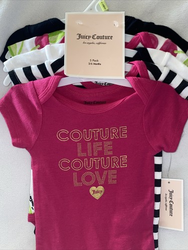 Juicy Couture Baby Girl 5 Piece Bodysuit Set ~ Pink, White Black Cherries 3/6 M - Picture 2 of 17