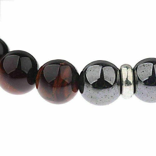 Men's 10mm STEEL Gemstone Beaded Eye+Hematite+Onyx Tigers STAINLESS Bracelet 8" - Picture 8 of 9