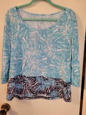 PALM GROVE PETITE SIZE PL TURQUOISE/BLUE PRINTED TOP STUDDED STRETCH LIGTWEIGTH
