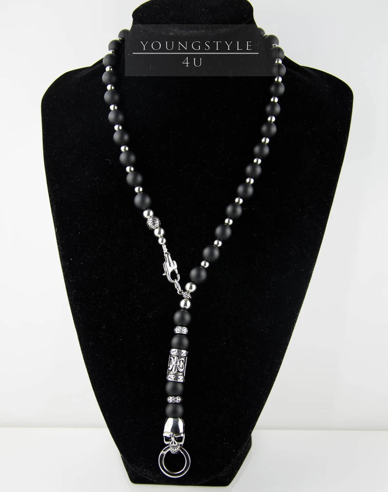 Herren Damen onyx Edelstahl Halskette Rosenkranz Halbedelstein Biker Rocker 316 - Bild 1 von 4