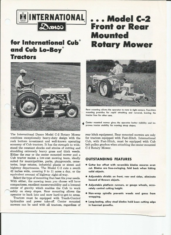 International Danco C-2 Rotary Mower sales flyer 2p IH 1962 for Cub & cub lo-boy
