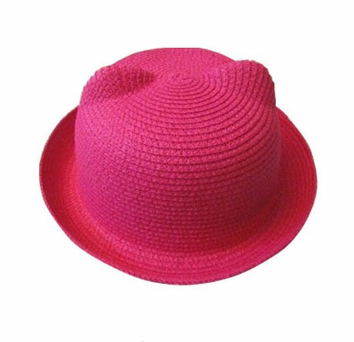 Junior Girls Kids Straw Hat Cat Ears Bowler Derby Hats Cloche Cap Beach Sunhat - Picture 10 of 24
